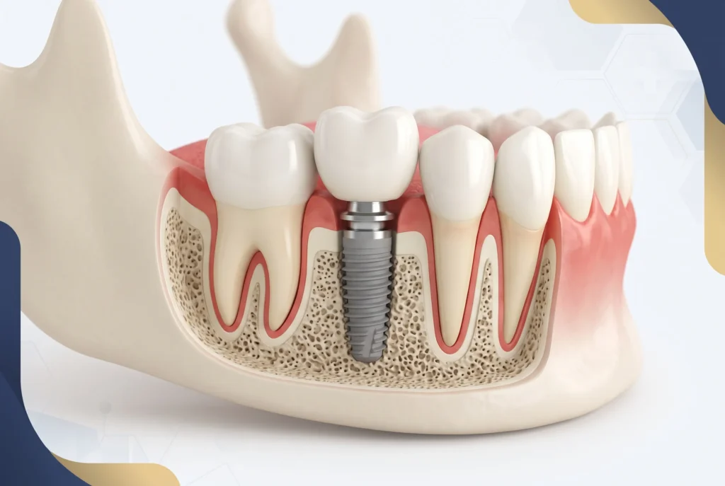 Ilustração de implante dentário com pino de titânio fixado no osso e coroa sobre a gengiva